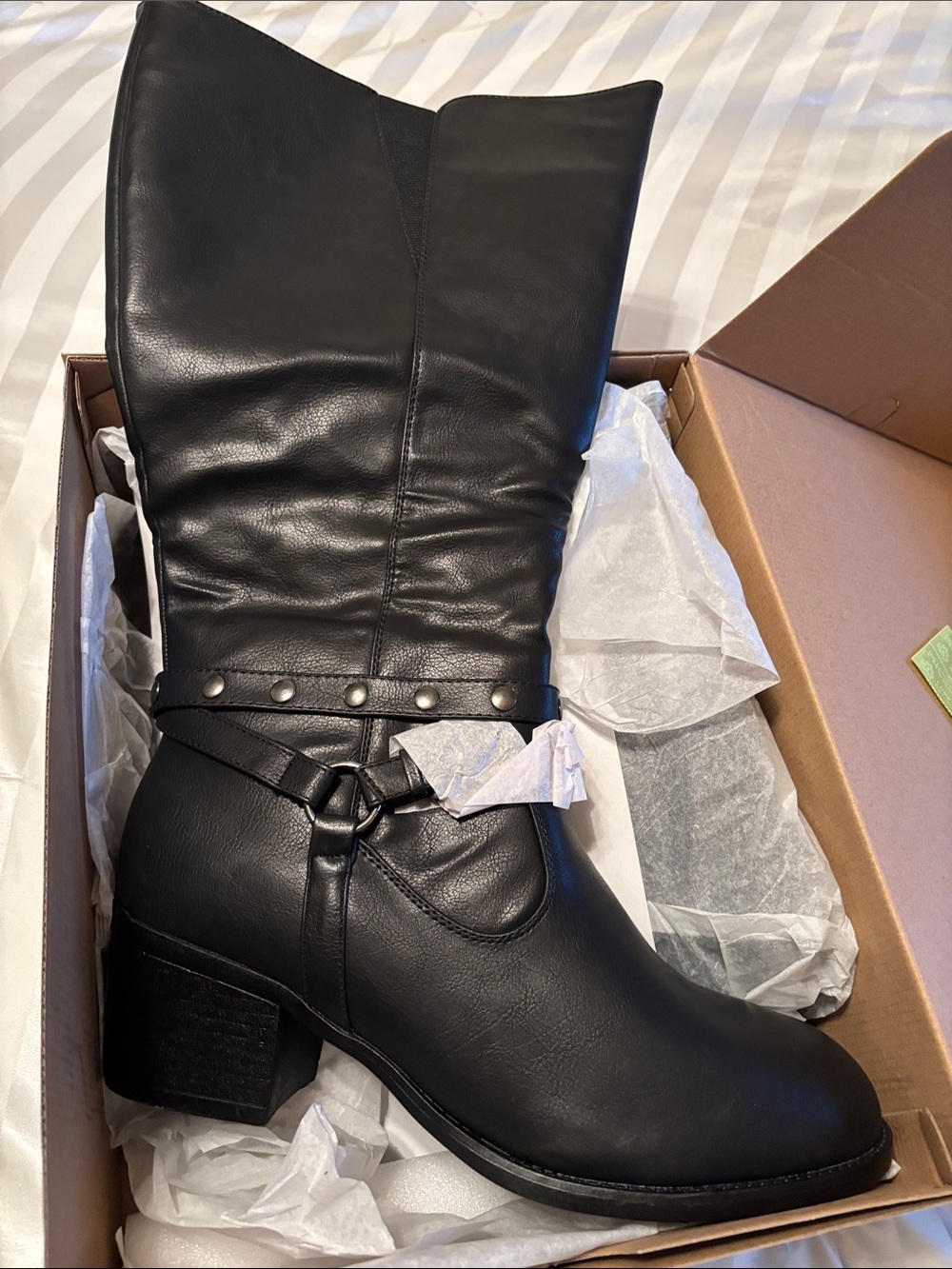 cloudwalkers Black Mid-Calf Studded Strap Block Heel Boots